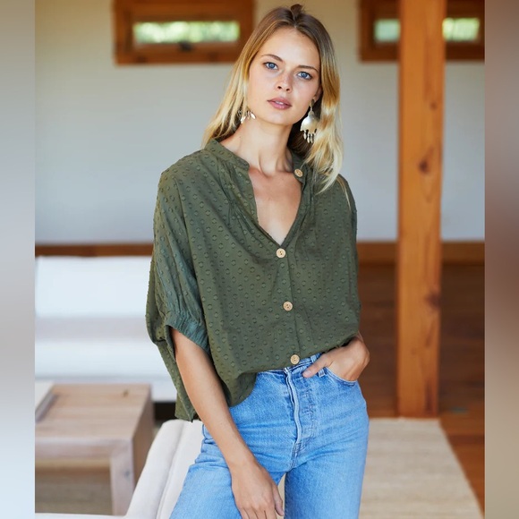 Emerson Fry Mandarin Collar Top Moss Swiss Dot Organic Size One Size - Picture 2 of 6